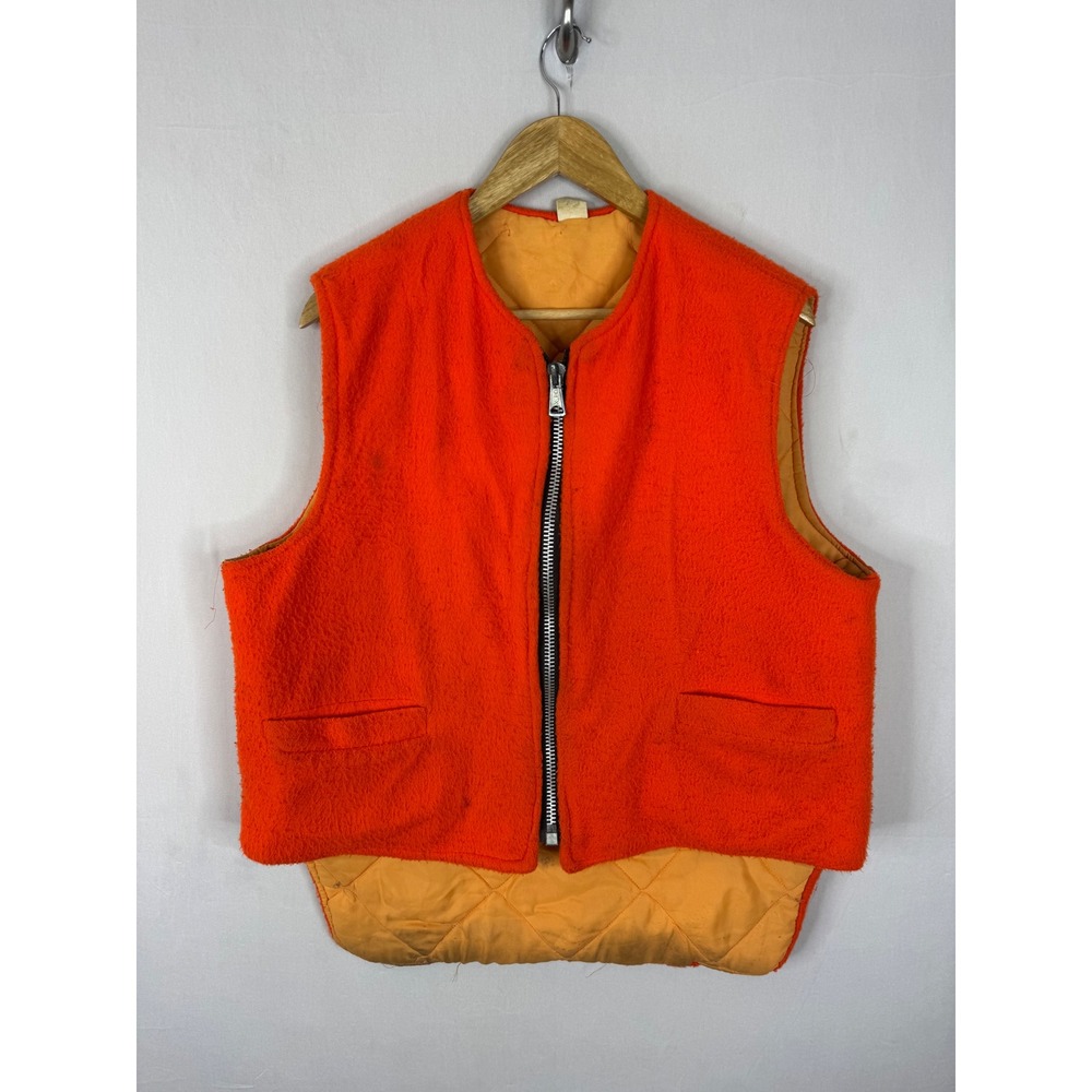 Vintage Blaze Orange Hunting Vest Quilted Lining Clix Zipper Mens Large Safety